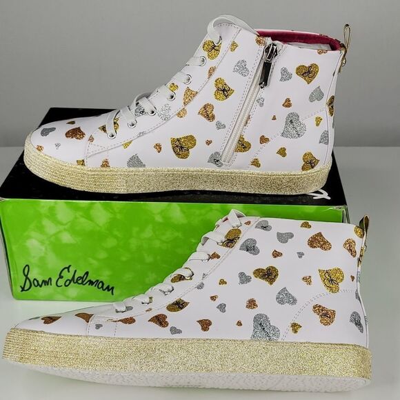 NEW 5 SAM EDELMAN silver gold HEART ZIP SLIP ON SNEAKERS SHOES HEARTS 36 NWT - Picture 1 of 16